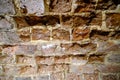 Close-up outdoor view of part of an ancient stone wall with a textured surface. An abstract image of a brown cemented