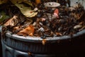 close-up of overflowing garbage can, with flies and in the trash