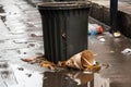 Close-up Of Overflowing Trash Bin, With Garbage Spilling Out Onto The Ground