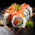 Various kinds of sushi served. Close-up of uramaki sushi rolls with red caviar, salmon, tuna, cucumber and avocado isolated on Royalty Free Stock Photo