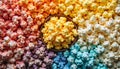 Colorful popcorn in a circular arrangement with a bowl of yellow popcorn in the center. Royalty Free Stock Photo