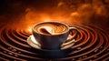 Close up overhead view of a cup of strong frothy espresso coffee on a rough textured wooden surface with dark vignetting