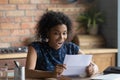 Close up overjoyed African American woman reading letter Royalty Free Stock Photo