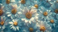 Close-Up Of Overlapping Numerous Blue-Tinted Daisy Flowers. Dreamy Aesthetic, Serenity. AI Generated