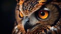 A close up of an owl with bright orange eyes and a black background, AI Royalty Free Stock Photo