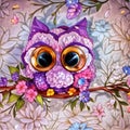 Close up of Owl have big eyes, designs with flowers. Cute Owl isolated on branch.