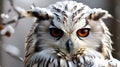 Close-up of an owl with orange eyes in a snowy forest Royalty Free Stock Photo