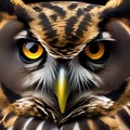 Close up of an owl with striking yellow eyes, perched on a branch1