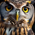 Close up of an owl with striking yellow eyes, perched on a branch4