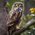 Close up of an owl with striking yellow eyes, perched on a branch2