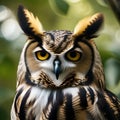 Close up of an owl with striking yellow eyes, perched on a branch2