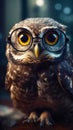 Close up of owl wearing pair of eyeglasses with blurry background. Generative AI
