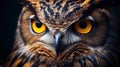 A close up of an owl with yellow eyes and a black background, AI Royalty Free Stock Photo