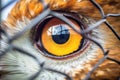 close-up of an owls eye beyond the cage bars
