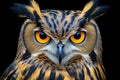 a close up of an owls face with yellow eyes