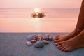 Close up of owman hands and sea shells at the pool at resort at sunset Royalty Free Stock Photo