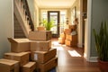 Close up of packed moving boxes in a residential hallway