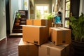 Close up of packed moving boxes in a residential hallway