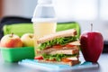 close-up of packed school lunch with an apple, sandwich, and juice box
