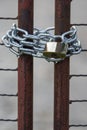 Close up of a padlock, gate and chain Royalty Free Stock Photo