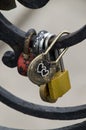 Close Up of Padlocks on Black Metal Fence Royalty Free Stock Photo