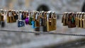 Close up of the padlocks on Butchers Bridge in old medieval Ljubljana, Slovenia