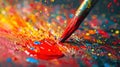 A close up of a paint brush with red and yellow paints on it, AI