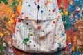 close-up of paint-splattered pockets on artist apron