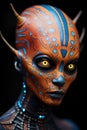 A close up of a painted alien with blue skin and yellow eyes, AI Royalty Free Stock Photo