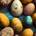 Close up of painted easter eggs on a concrete background. 3d rendering