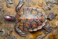Close up of Painted Turtle on Autumn Leaves Background Showing Colorful Shell Patterns