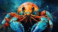 a close up of a painting of a blue and orange crab on a black background with bubbles of water around it Royalty Free Stock Photo