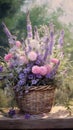 close-up painting bunch lavender flowers with wicker basket,generated with AI.