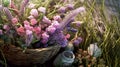 close-up painting bunch lavender flowers with wicker basket,generated with AI. Royalty Free Stock Photo