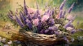 close-up painting bunch lavender flowers with wicker basket,generated with AI.