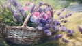 close-up painting bunch lavender flowers with wicker basket,generated with AI. Royalty Free Stock Photo