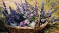 close-up painting bunch lavender flowers with wicker basket,generated with AI. Royalty Free Stock Photo