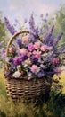 close-up painting bunch lavender flowers with wicker basket,generated with AI.