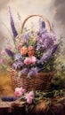 close-up painting bunch lavender flowers with wicker basket,generated with AI.