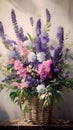 close-up painting bunch lavender flowers with wicker basket,generated with AI. Royalty Free Stock Photo