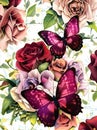 Close-up. Painting of butterflies and Roses. Beautiful illustration of butterflies. Royalty Free Stock Photo