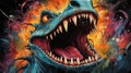 a close up of a painting of a dinosaur with its mouth open and it\'s mouth wide open with sharp teeth