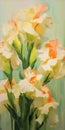 Gladiolus: Pastel On Canvas Painting Of Yellow And Orange Flowers Royalty Free Stock Photo