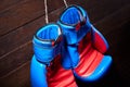 Close-up of the pair of blue and red boxing gloves hanging in a wooden wall.