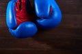 Close-up of a pair of boxing blue and red gloves hanging on the wooden wall.