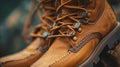 A close up of a pair of brown boots sitting on top of some rocks, AI