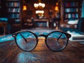 Close up of pair of eyeglasses customizable frames resting on textured wooden surface. serene atmosphere features