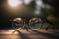 close-up of a pair of eyeglasses, with the sunlight shining through the lenses