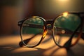 close-up of a pair of eyeglasses, with the sunlight shining through the lenses