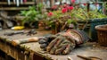 A close-up of a pair of gardening gloves and tools Royalty Free Stock Photo